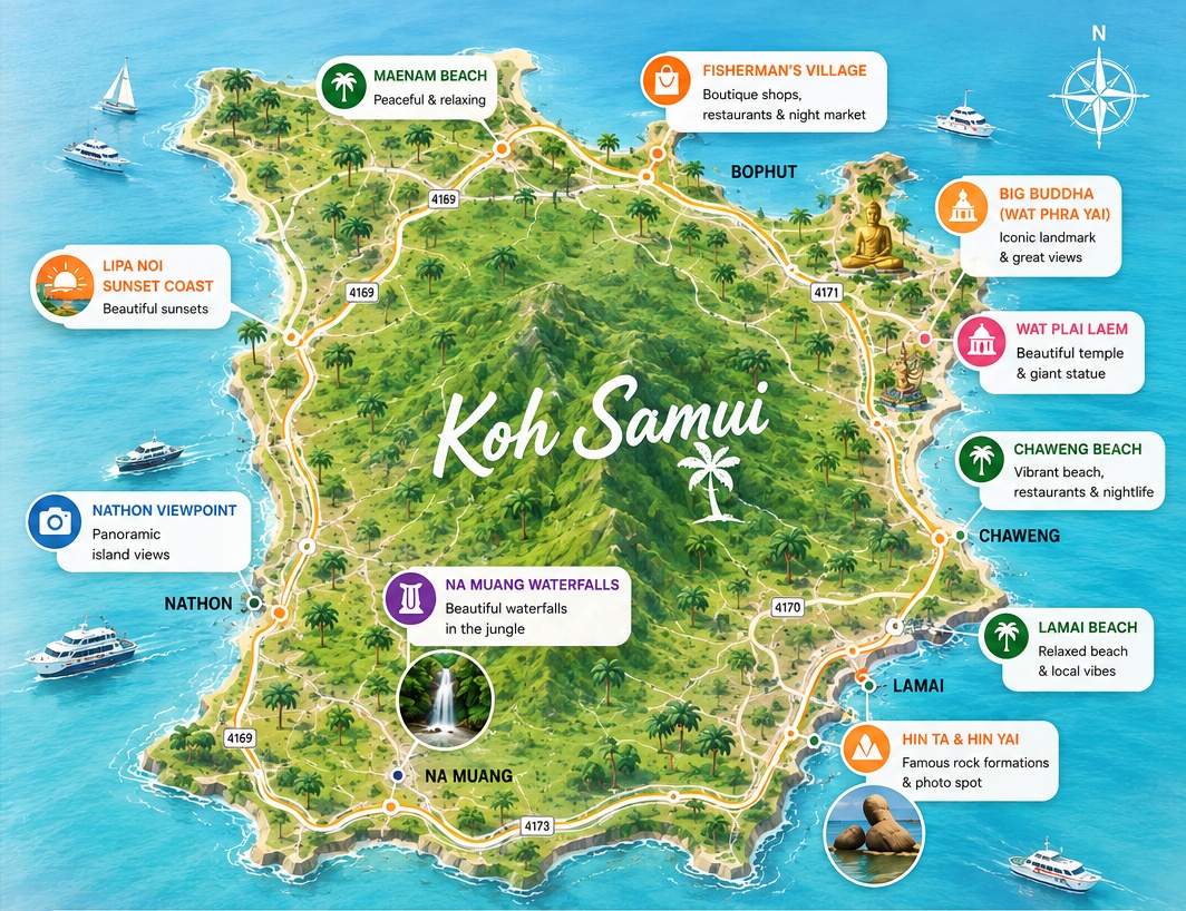 Mintys Koh Samui tourist map showing beaches, viewpoints, temples, waterfalls and key island sights